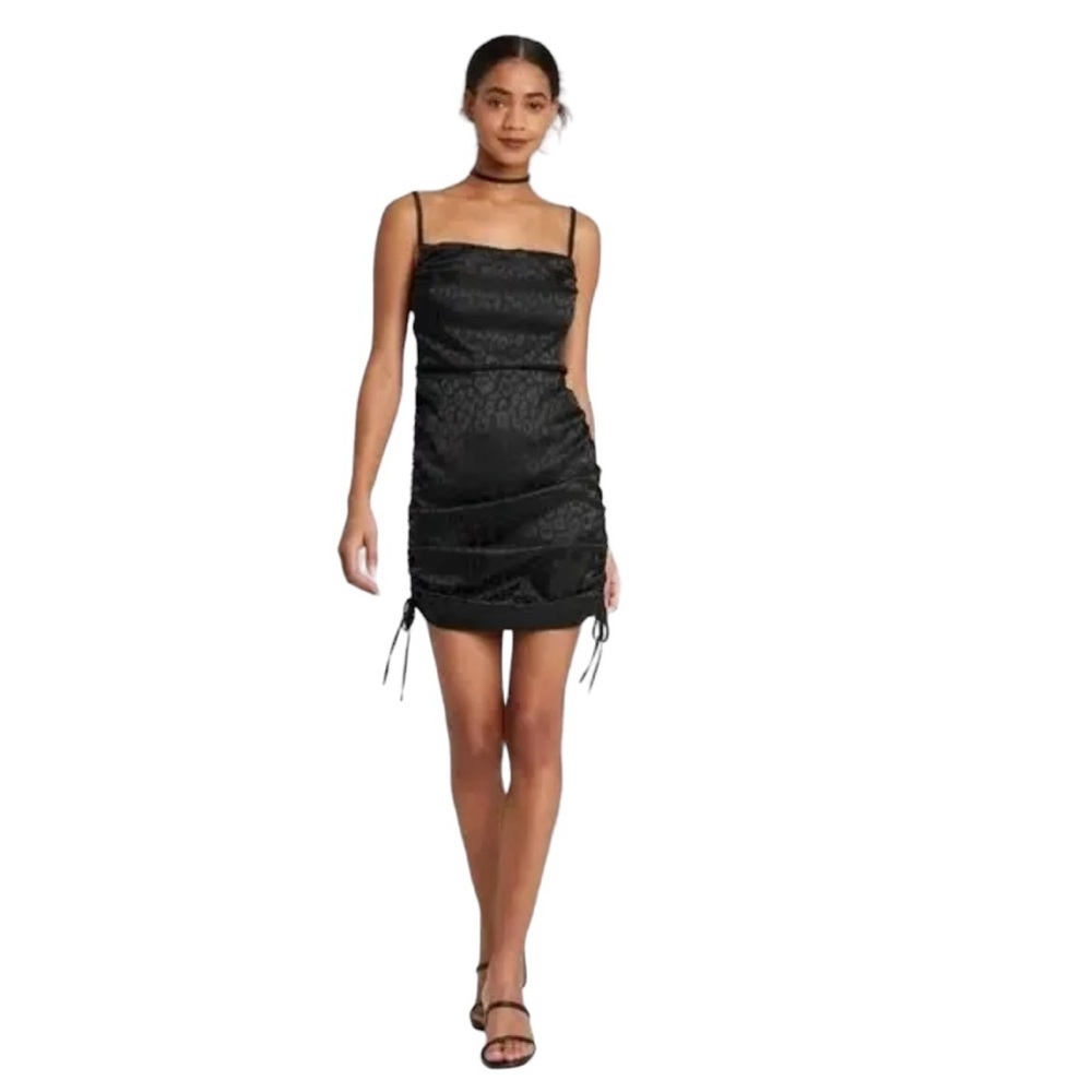 NWT Wild Fable Black Leopard Satin Smocked-Back Party Mini Dress Size M Sexy